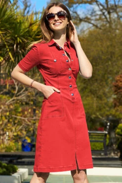 Red Popper Front Short Sleeve Stretch Denim Dress