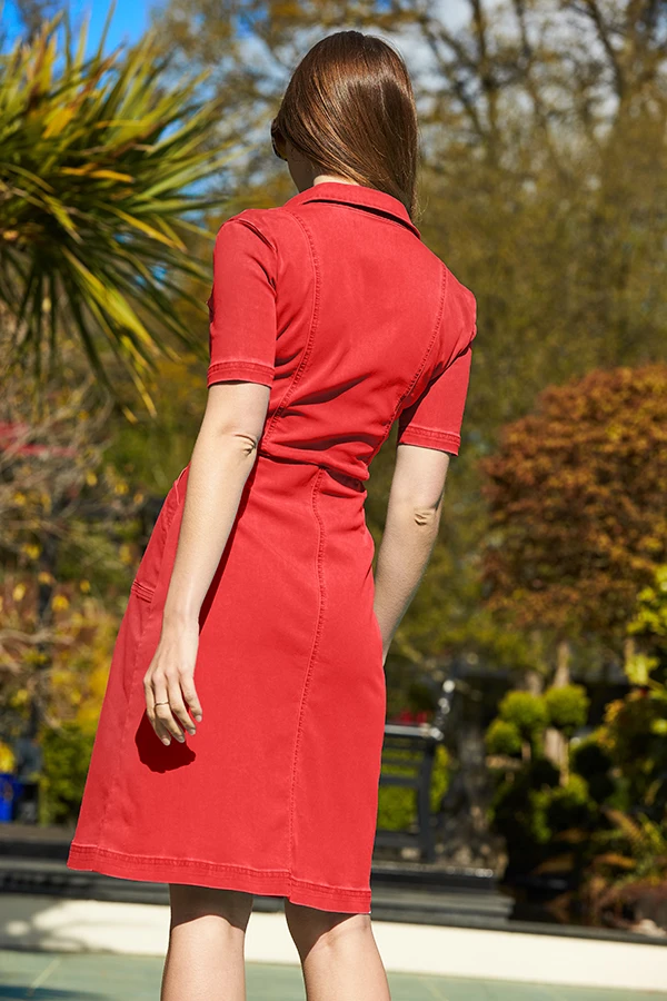 Red Popper Front Short Sleeve Stretch Denim Dress - Image 3