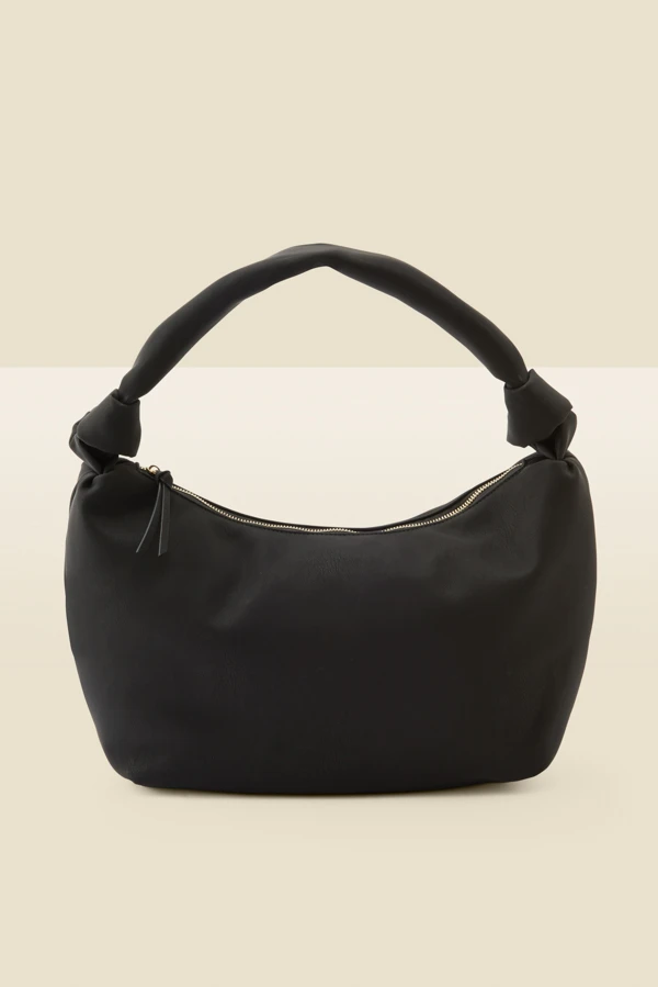 Black Faux Leather Knot Detail Slouched Shoulder Bag - Image 3