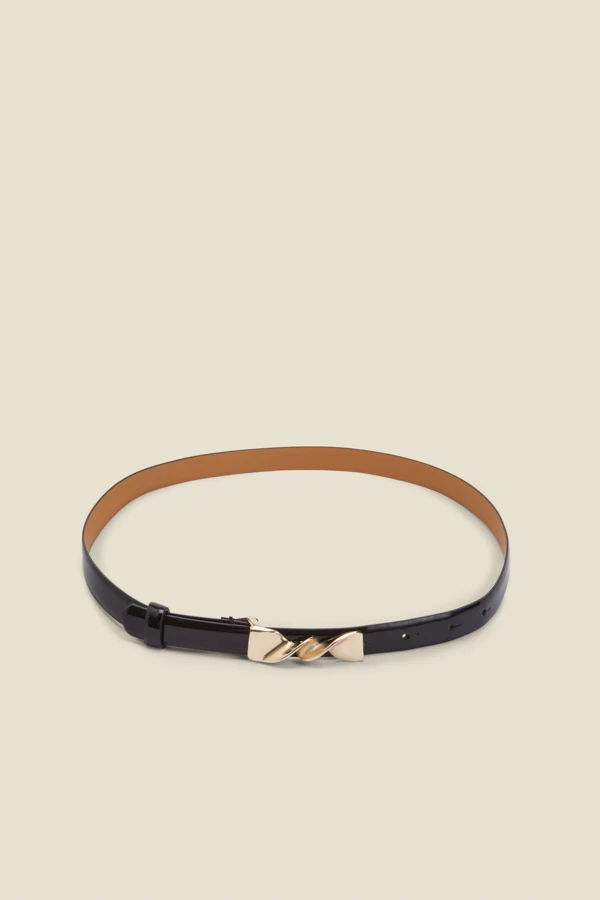 Black Twist Trim Slim Leather Waist Belt