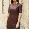 Burgundy Leather Zip Detail Shift Dress